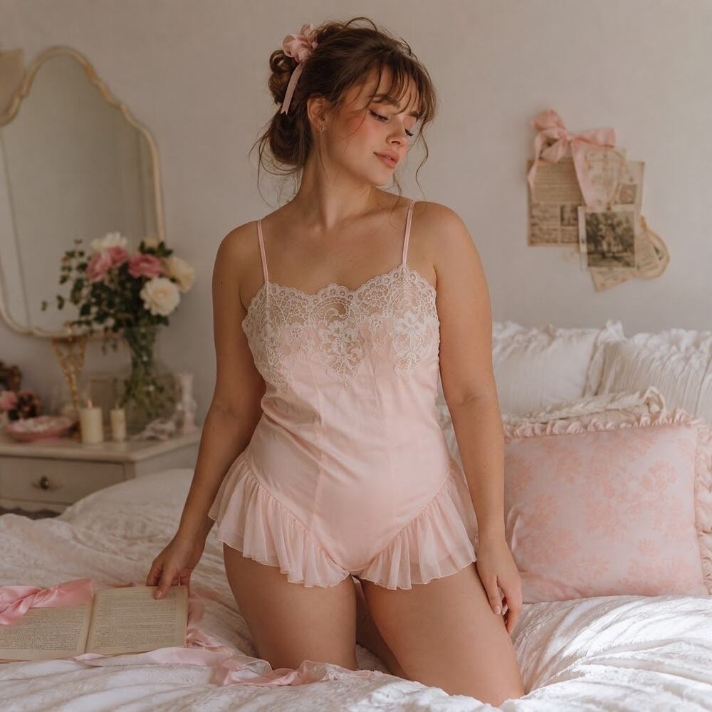 Vintage 80s Blanche Pink Satin Teddy Ruffle Chiffon ILGWU Made in USA Romper L
